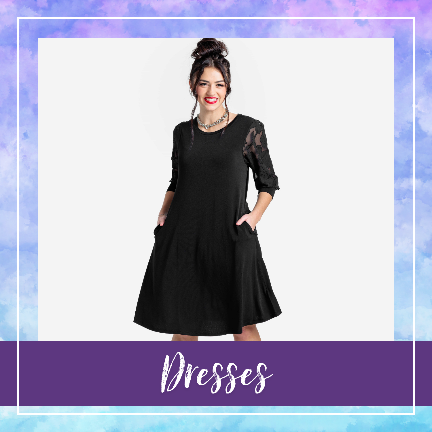 A woman with a bun hairstyle and red lipstick wears a knee-length black dress with lace sleeves, standing with hands in pockets. Purple border and “Dresses” text on a purple banner below.
