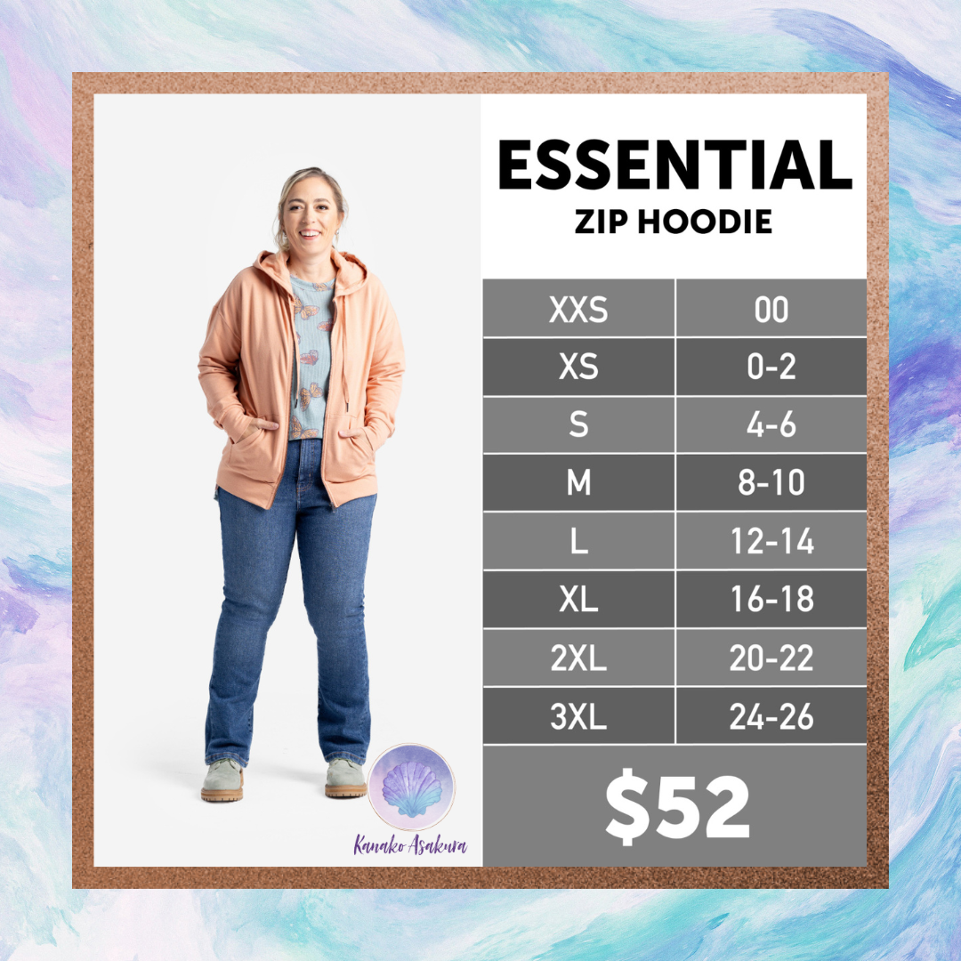 LuLaRoe Essential Zip Hoodie size chart with model wearing a peach zip-up hoodie, printed top, and jeans. Size chart shows XXS to 3XL ranging from sizes 00–26. Price $52. Shop the cozy and versatile Essential Zip Hoodie from LuLaRoe Kanako Asakura.