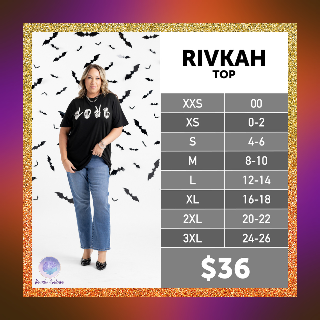 2025 LuLaRoe Halloween Rivkah Top – Spooky-Chic Short Sleeve Tee displayed on a model against a backdrop of bats, featuring a size chart and stylish design for Halloween festivities.