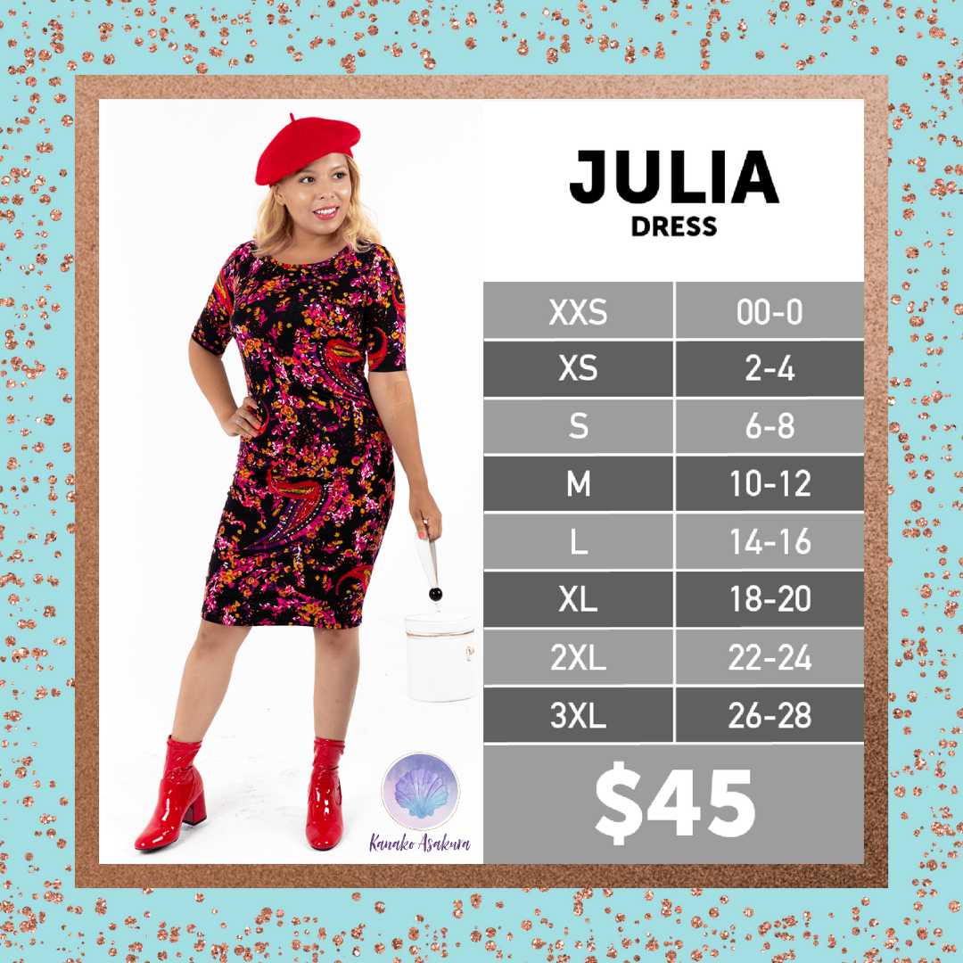 A smiling woman in a red beret, red boots, and a colorful floral dress poses holding a white purse. Beside her is a size chart for the Julia Dress, priced at $45, sizes XXS-3XL.