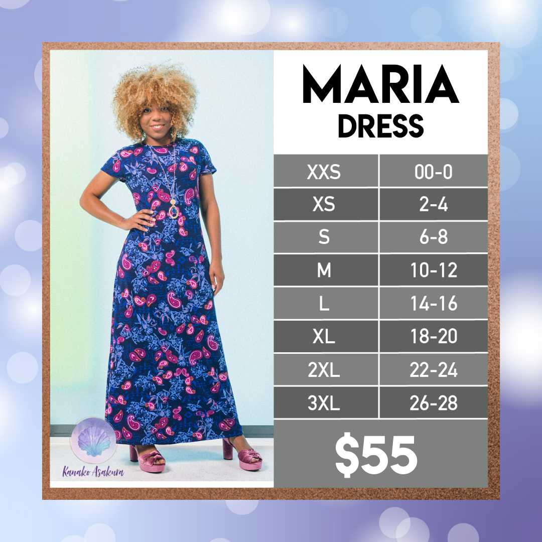 A smiling woman with curly hair models a blue and pink floral maxi dress beside a size chart for the Maria Dress (XXS-3XL, sizes 00-28). Price is $55. Background is blue with light bokeh effects.