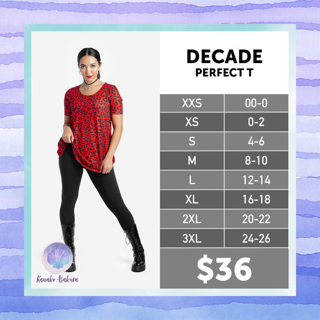 Model wearing LuLaRoe Decade Perfect T in red animal print, shown with size chart for sizes XXS to 3XL and $36 price.