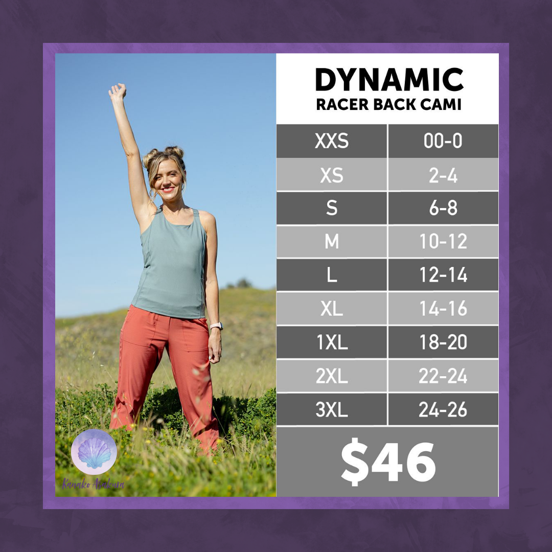 A smiling woman outdoors in a blue racerback cami and red pants raises one arm. To her right, a size chart from XXS to 3XL is shown, along with the price: $46.