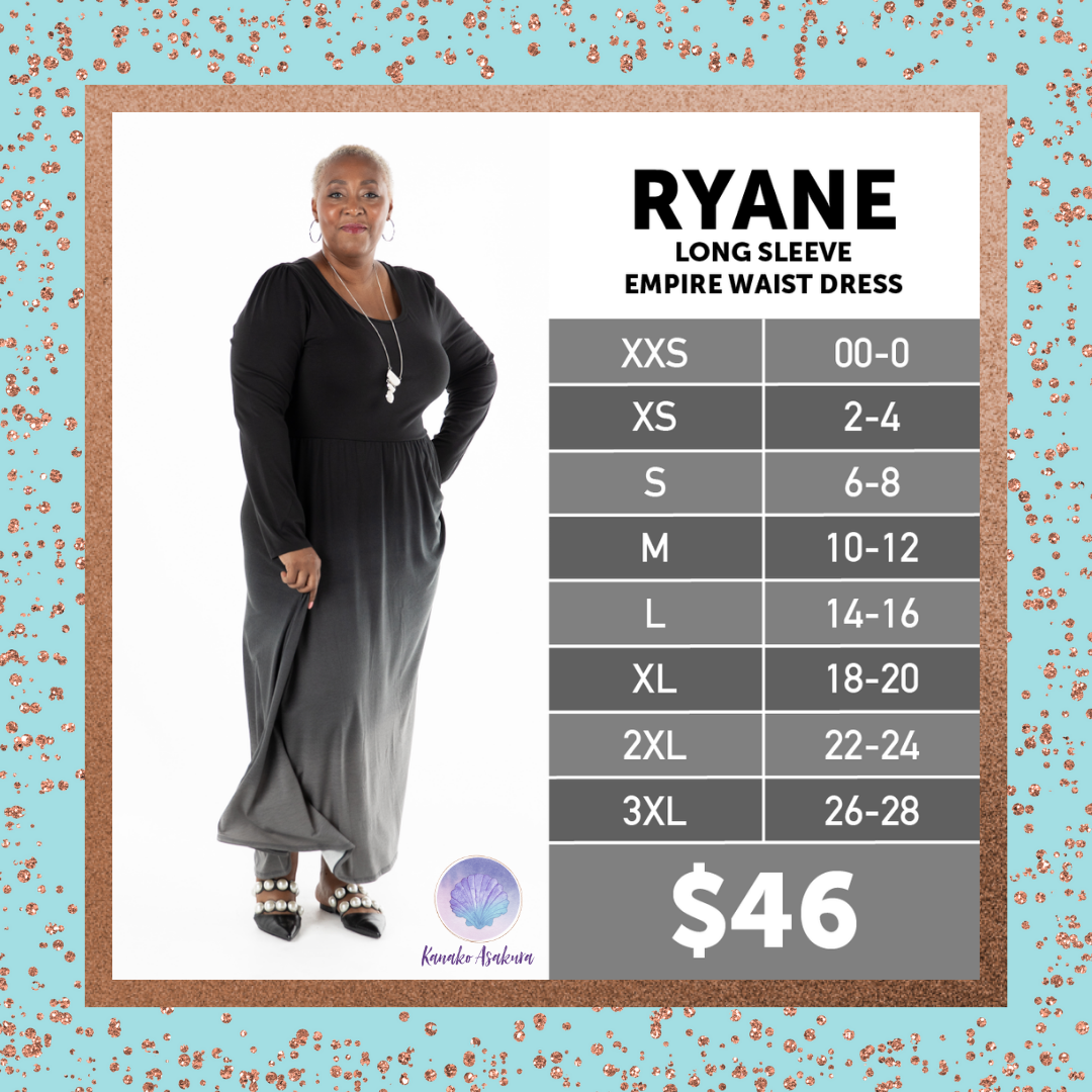 An older Black woman in a long-sleeve, black-to-gray ombre maxi dress stands confidently beside a size chart for the Ryane dress, priced at $46, on a glittery turquoise background.