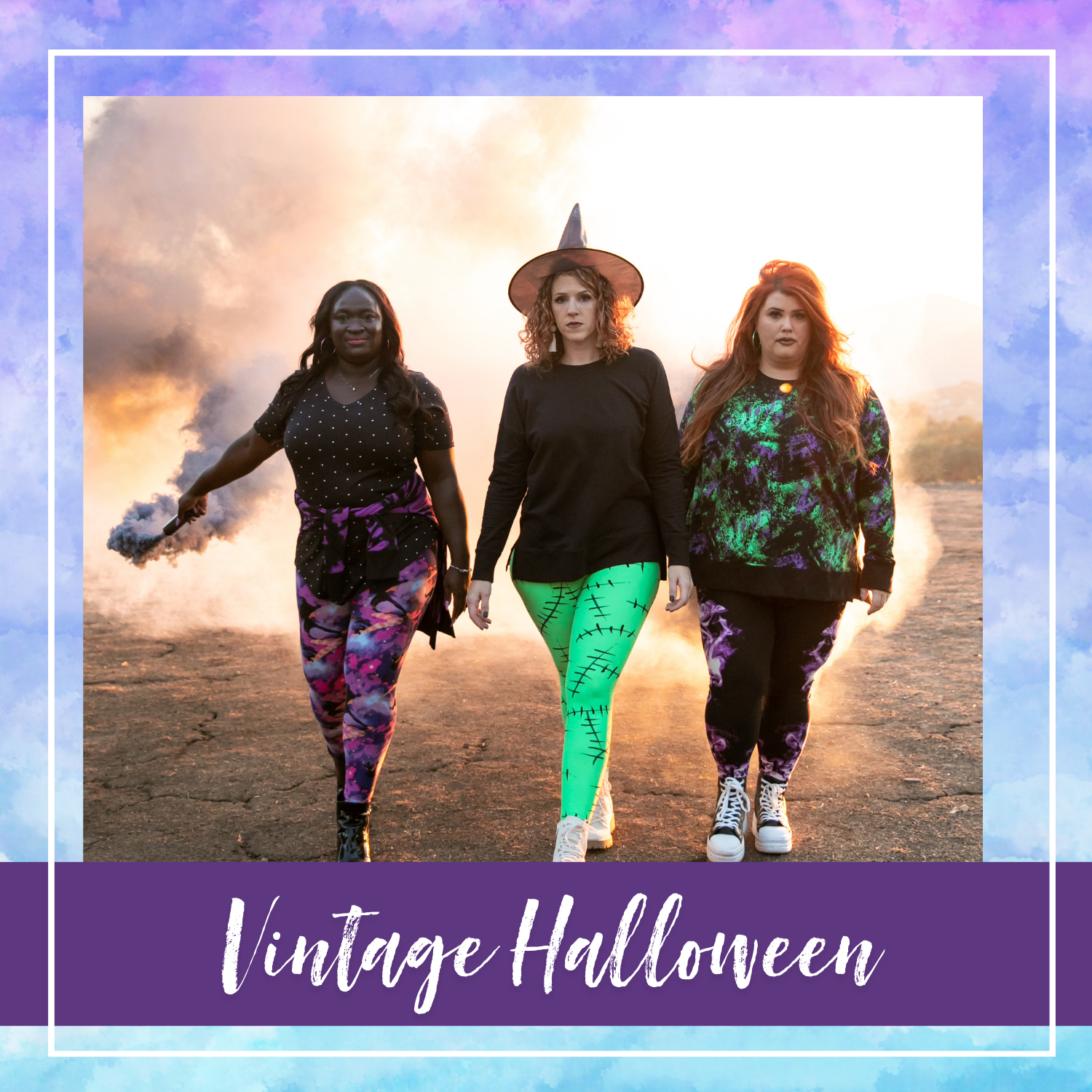 Three women in colorful Halloween outfits walk forward confidently; one wears a witch hat. Purple smoke billows behind them. Text below reads Vintage Halloween in white on a purple banner.