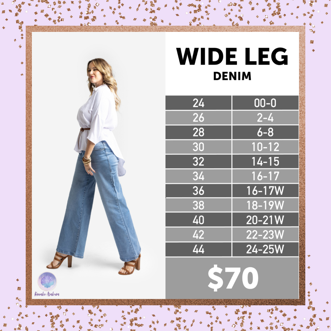 LuLaRoe Wide Leg Denim size chart with model wearing light wash wide-leg jeans and white blouse. Size chart shows denim sizes 24–44 with corresponding numeric ranges from 00–25W. Price listed as $70. LuLaRoe Kanako Asakura logo at bottom left.