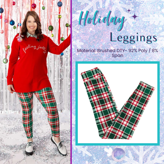 Green and red plaid Christmas leggings shown on a model styled with a red holiday top, and flat lay product image of festive plaid leggings