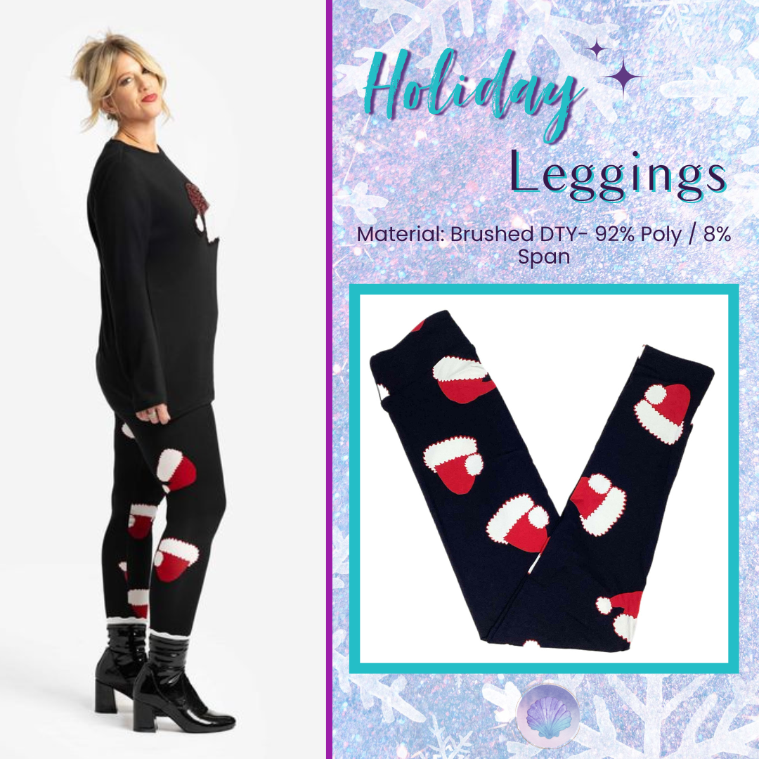 Model wearing black LuLaRoe leggings decorated with large red and white Santa hats, paired with a black long-sleeve top and heeled black boots against a studio background. Flat lay of black LuLaRoe leggings printed with repeating red Santa hats shown on a white background with a teal border and winter snowflake design.”
