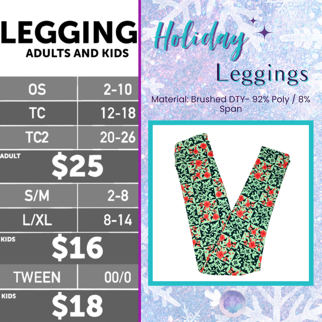 Woman’s leggings shown flat lay in a patchwork Christmas print featuring green squares with red poinsettias and white holly leaves. Close-up of LuLaRoe leggings displayed on a white winter-themed background with a grid pattern of holiday florals and foliage.
