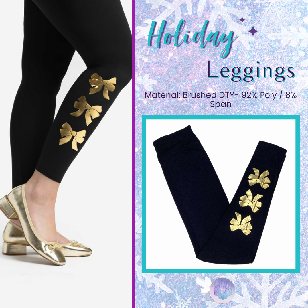 Black holiday leggings with shiny gold bows near the ankle, styled with gold dress shoes, plus a flat lay image showing gold bow design on black leggings