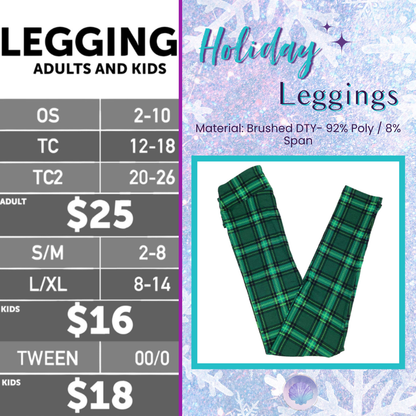 Green plaid holiday leggings displayed in a flat lay format against a seasonal background with size chart beside product graphic.