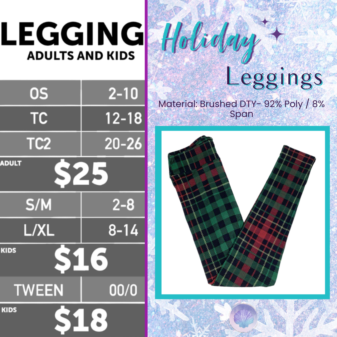 Green and red tartan holiday leggings displayed in a flat lay format on a winter-themed product card with size chart beside design.