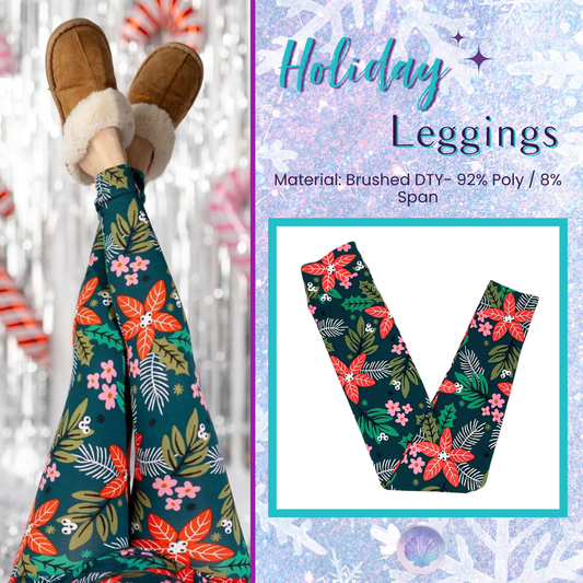 Dark green holiday leggings with red poinsettias and winter floral print displayed flat for kids and adult sizes.