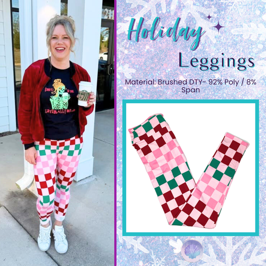 Holiday leggings featuring a bold checkerboard print in pink, red, and green displayed flat on a white background.