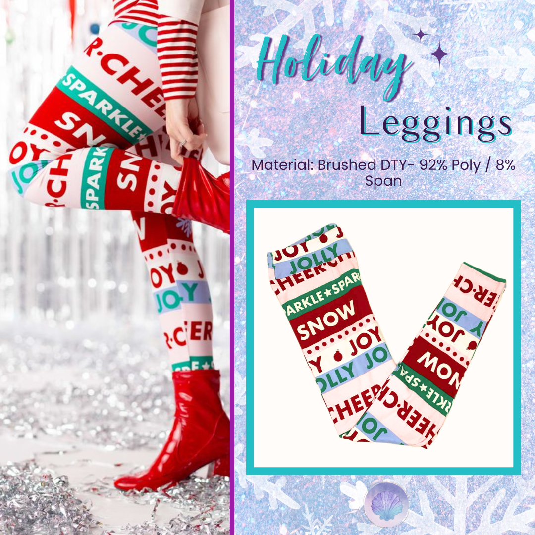 Holiday leggings with red, green, and teal festive text stripes such as Jolly, Cheer, Snow, and Sparkle, shown flat against a white background.