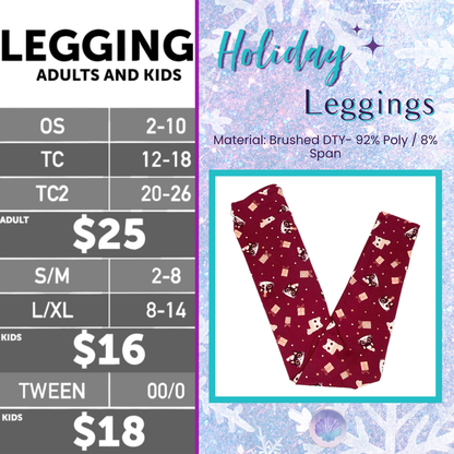 Burgundy holiday leggings with Santa cat faces, white polka dots, and gift box icons, displayed flat on a white background.