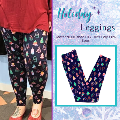 Person wearing navy LuLaRoe leggings printed with colorful Christmas trees, paired with a red top and red flats while standing indoors on patterned flooring. Flat lay of navy LuLaRoe leggings featuring bright holiday tree icons in red, green, pink, and yellow on a white background with a teal border and snowflake design.