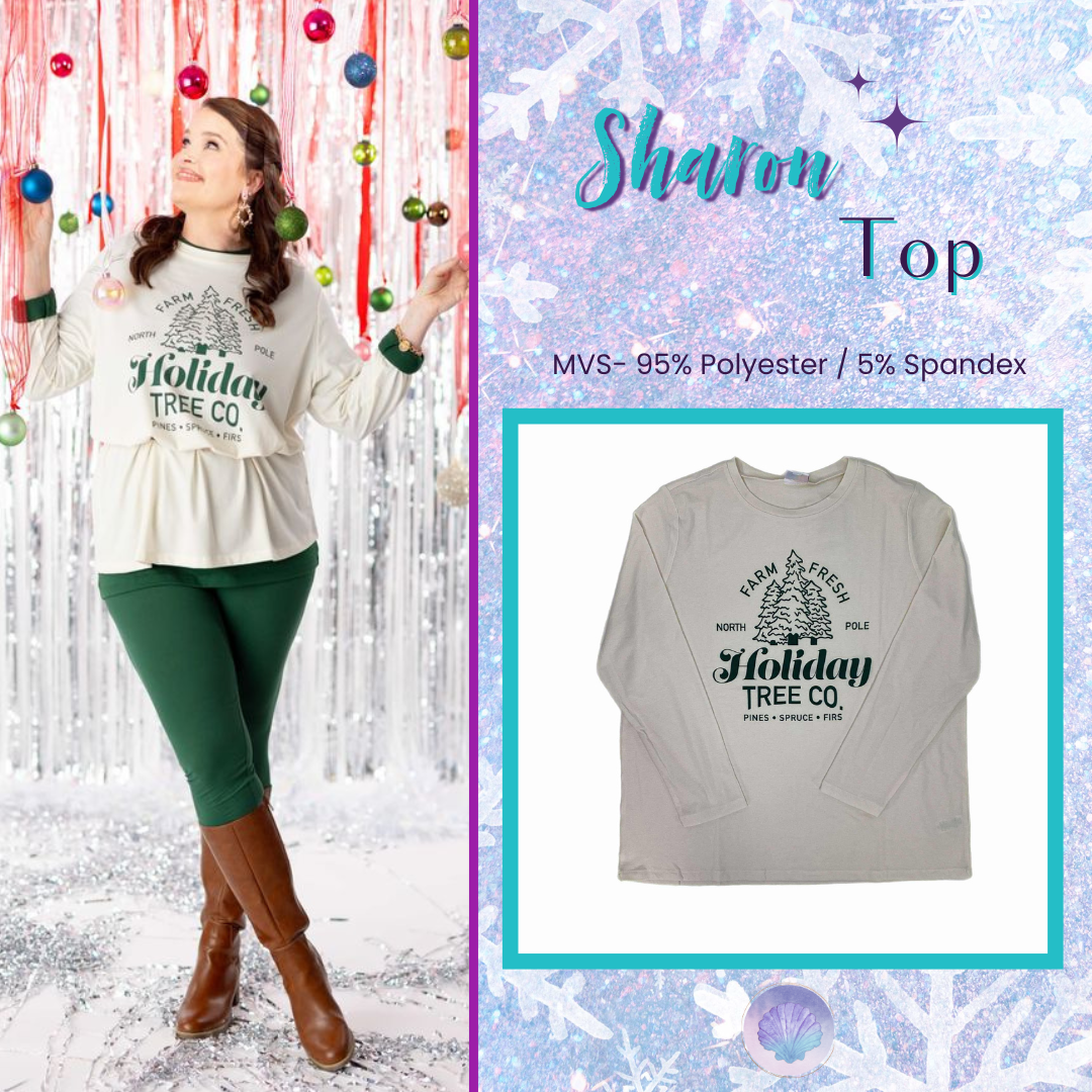 Flat lay of cream LuLaRoe Sharon Top featuring a green “Farm Fresh Holiday Tree Co.” graphic with pine, spruce, and fir trees, long sleeves on a white background. Additional image shows a model wearing the same top with green leggings and brown boots in a festive ornament backdrop.
