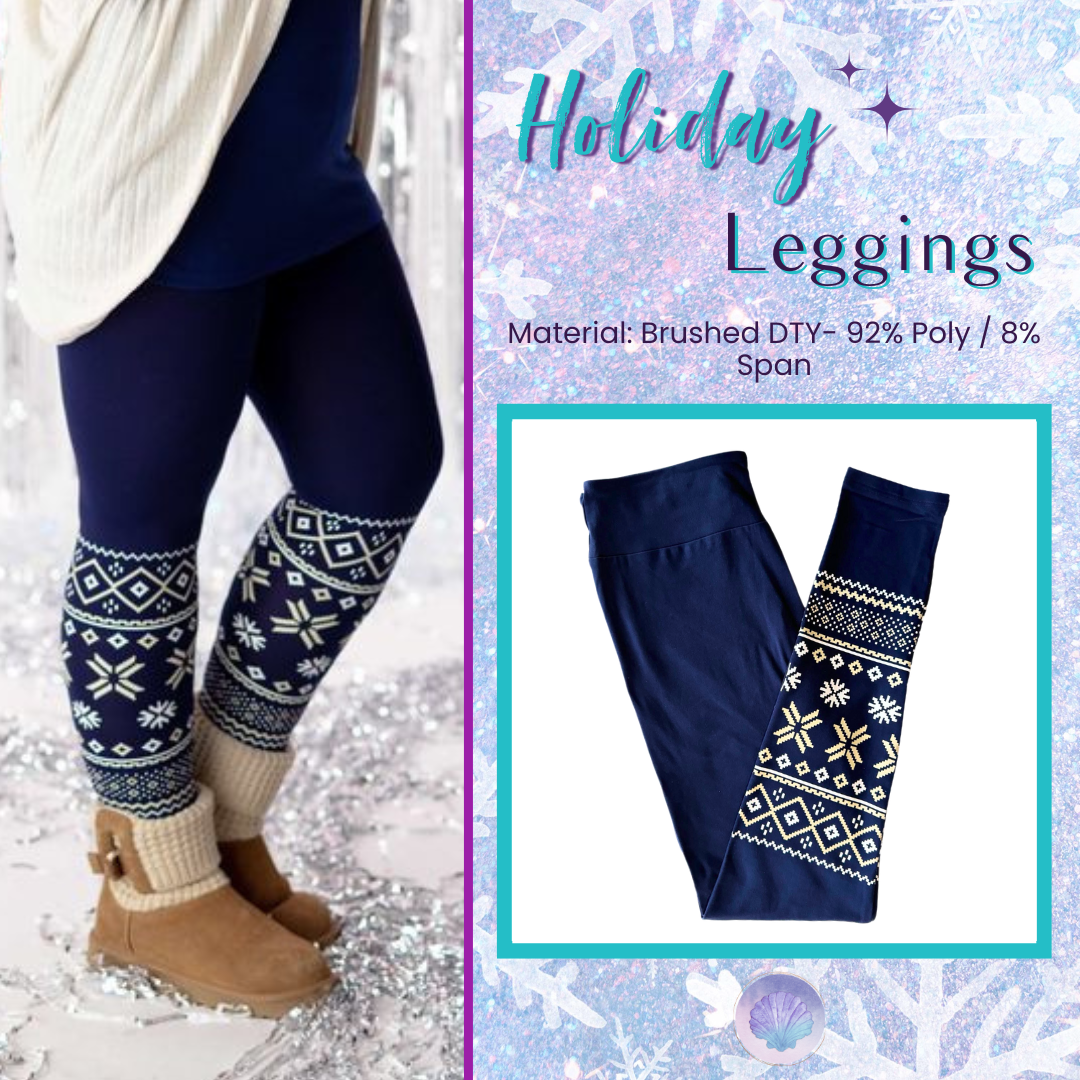 Navy leggings with Nordic snowflake and geometric print accents near the lower legs, displayed flat on a white background.