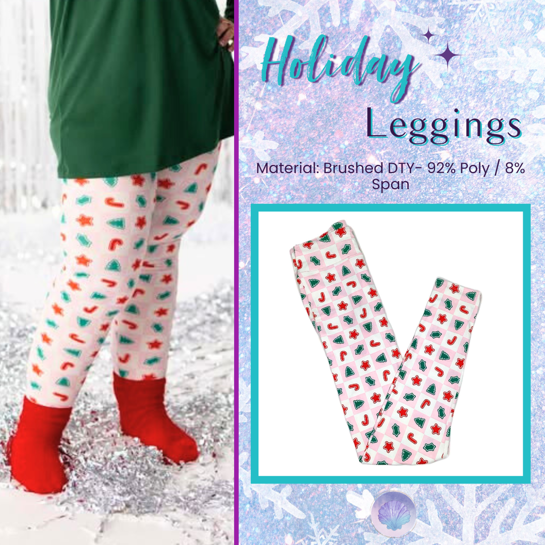 Model wearing white leggings printed with red stars, green Christmas trees, and candy cane shapes, paired with a green top and red socks standing on sparkly silver tinsel . Flat lay of white LuLaRoe Christmas leggings with colorful holiday cookie icons in a square grid pattern displayed against a winter-themed background.