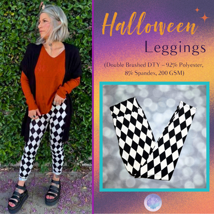 LuLaRoe 2026 Halloween Leggings in Black & White Harlequin Diamond, soft printed leggings for women, tweens and kids
