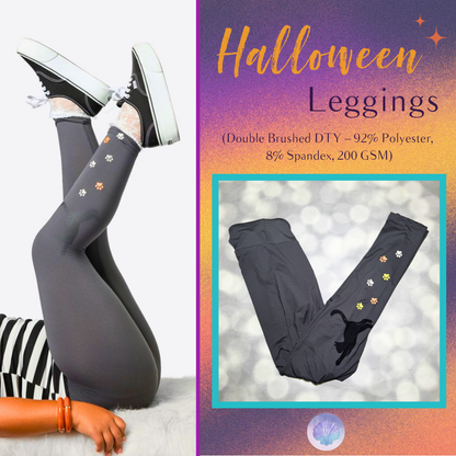 LuLaRoe 2026 Halloween Leggings in Charcoal Black Cat & Colorful Paw Prints, soft printed leggings for women, tweens and kids