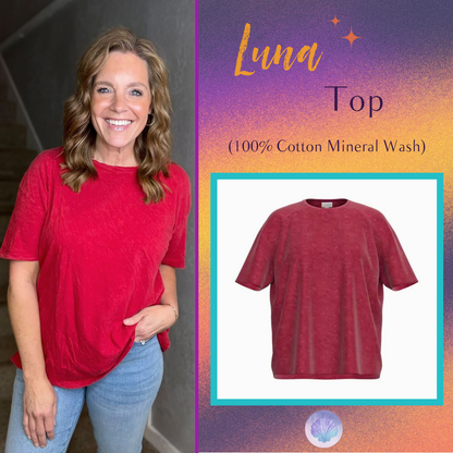 Model wearing the LuLaRoe 2026 Halloween Luna Tee in Solid Crimson Red, a relaxed-fit mineral-wash cotton top