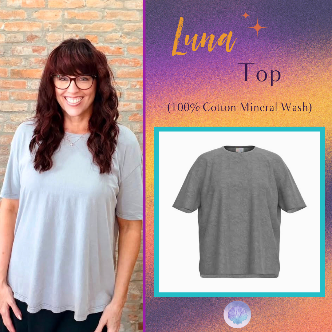Model wearing the LuLaRoe 2026 Halloween Luna Tee in Solid Light Gray, a relaxed-fit mineral-wash cotton top