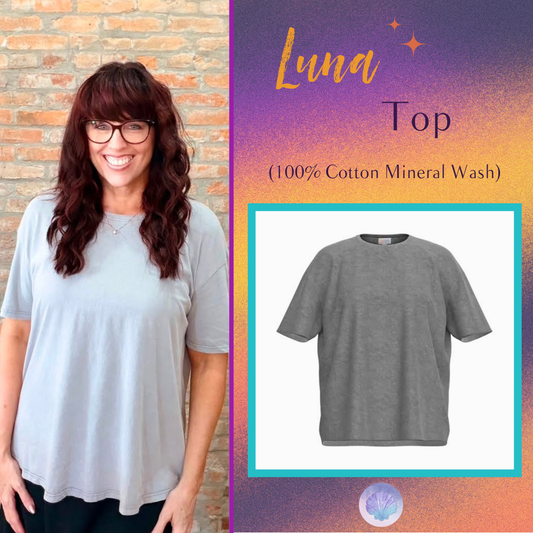 Model wearing the LuLaRoe 2026 Halloween Luna Tee in Solid Light Gray, a relaxed-fit mineral-wash cotton top