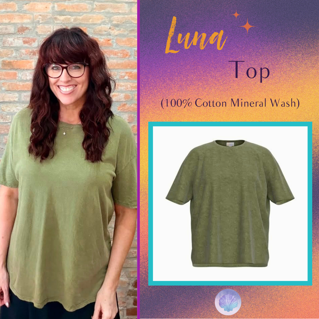 Model wearing the LuLaRoe 2026 Halloween Luna Tee in Solid Olive Green, a relaxed-fit mineral-wash cotton top