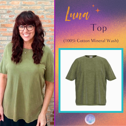 Model wearing the LuLaRoe 2026 Halloween Luna Tee in Solid Olive Green, a relaxed-fit mineral-wash cotton top