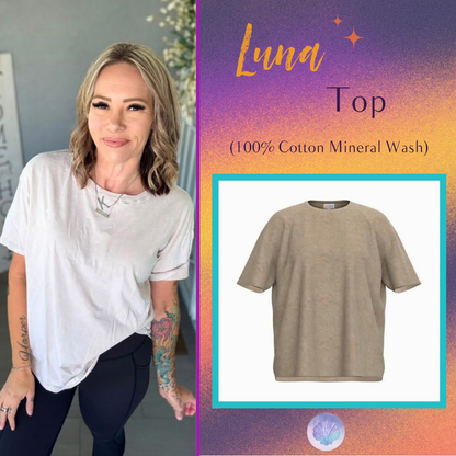 Model wearing the LuLaRoe 2026 Halloween Luna Tee in Solid Soft Beige, a relaxed-fit mineral-wash cotton top