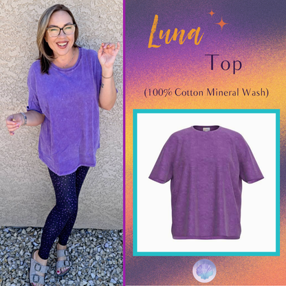 Model wearing the LuLaRoe 2026 Halloween Luna Tee in Solid Violet Purple, a relaxed-fit mineral-wash cotton top