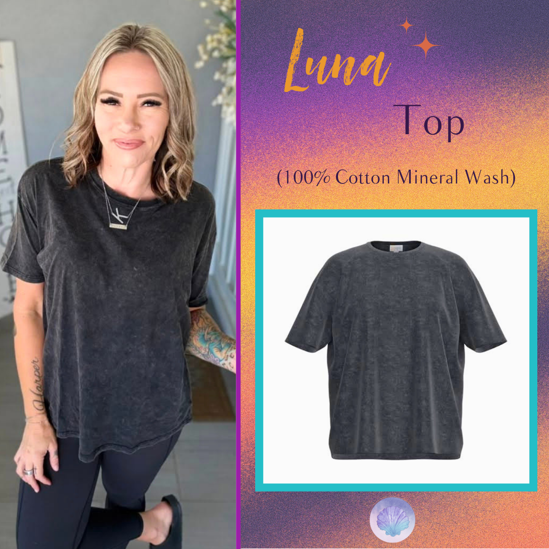 Model wearing the LuLaRoe 2026 Halloween Luna Tee in Solid Washed Black, a relaxed-fit mineral-wash cotton top