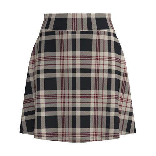 A high-waisted A-line plaid mini skirt in a classic tartan pattern of black, beige, and burgundy red.