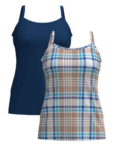 LuLaRoe Essential Cami 2-Pack - Camel, Ivory & Blue Plaid + Solid Denim Blue