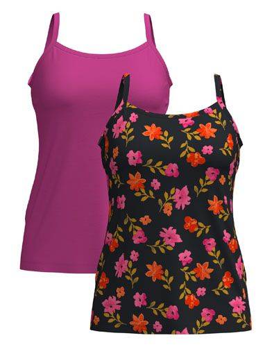 LuLaRoe Essential Cami 2-Pack - Solid Fuchsia Pink + Black, Fuchsia & Orange Ditsy Floral