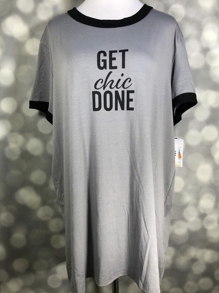 LuLaRoe Liv Tee gray shirt with get 'GET chic DONE' text and black ringer trim on a mannequin against a blurred background