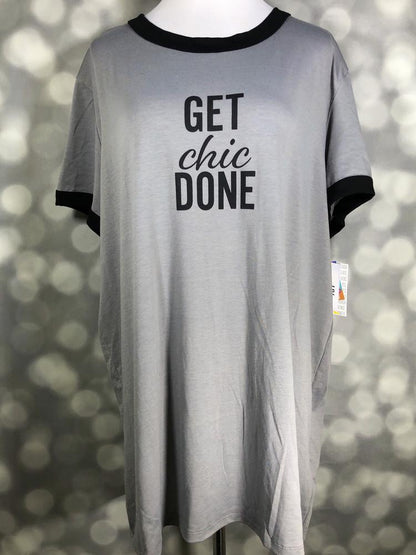 LuLaRoe Liv Tee gray shirt with get 'GET chic DONE' text and black ringer trim on a mannequin against a blurred background