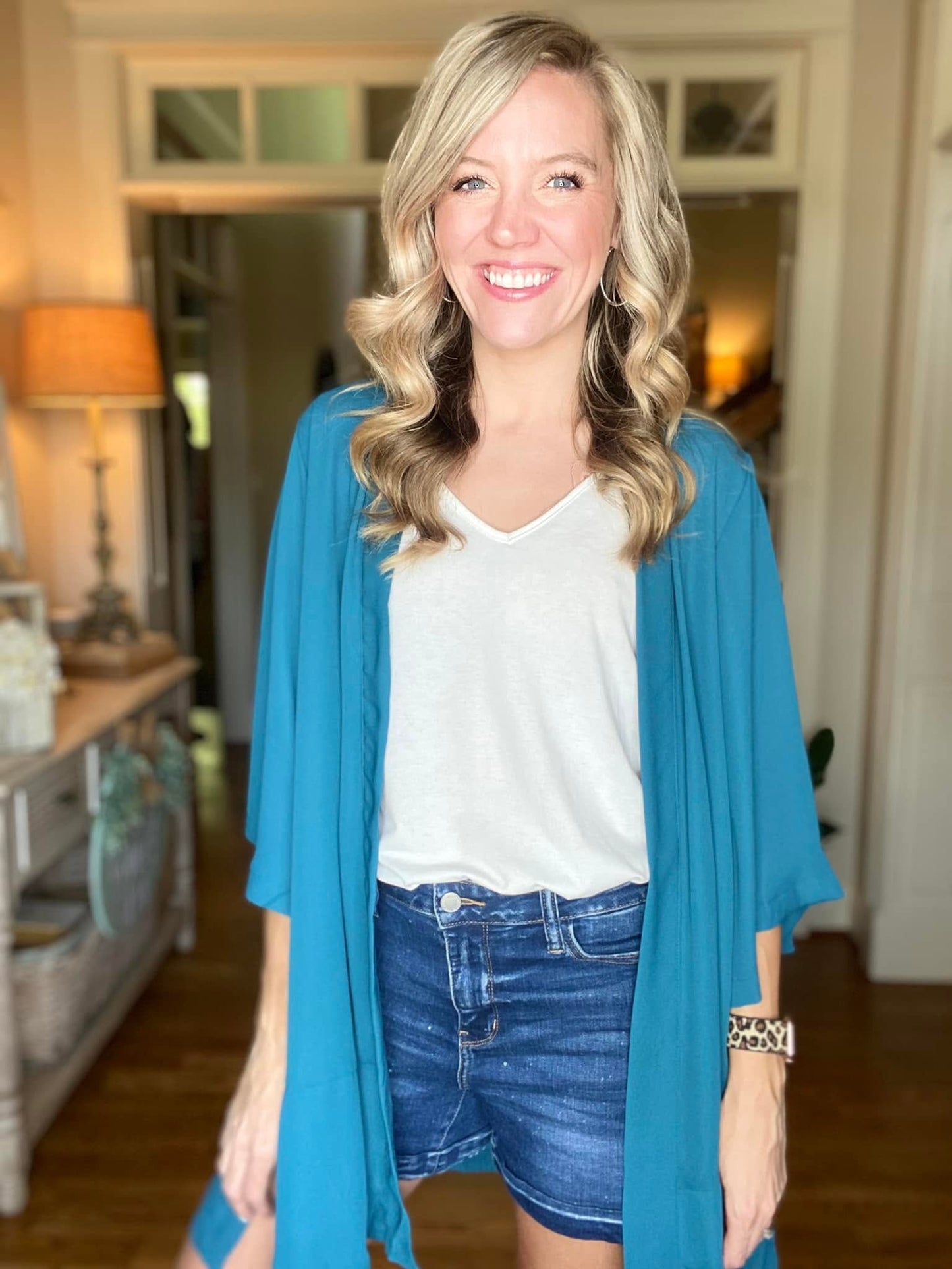 LuLaRoe Aurora bell sleeve kimono in solid deep teal blue