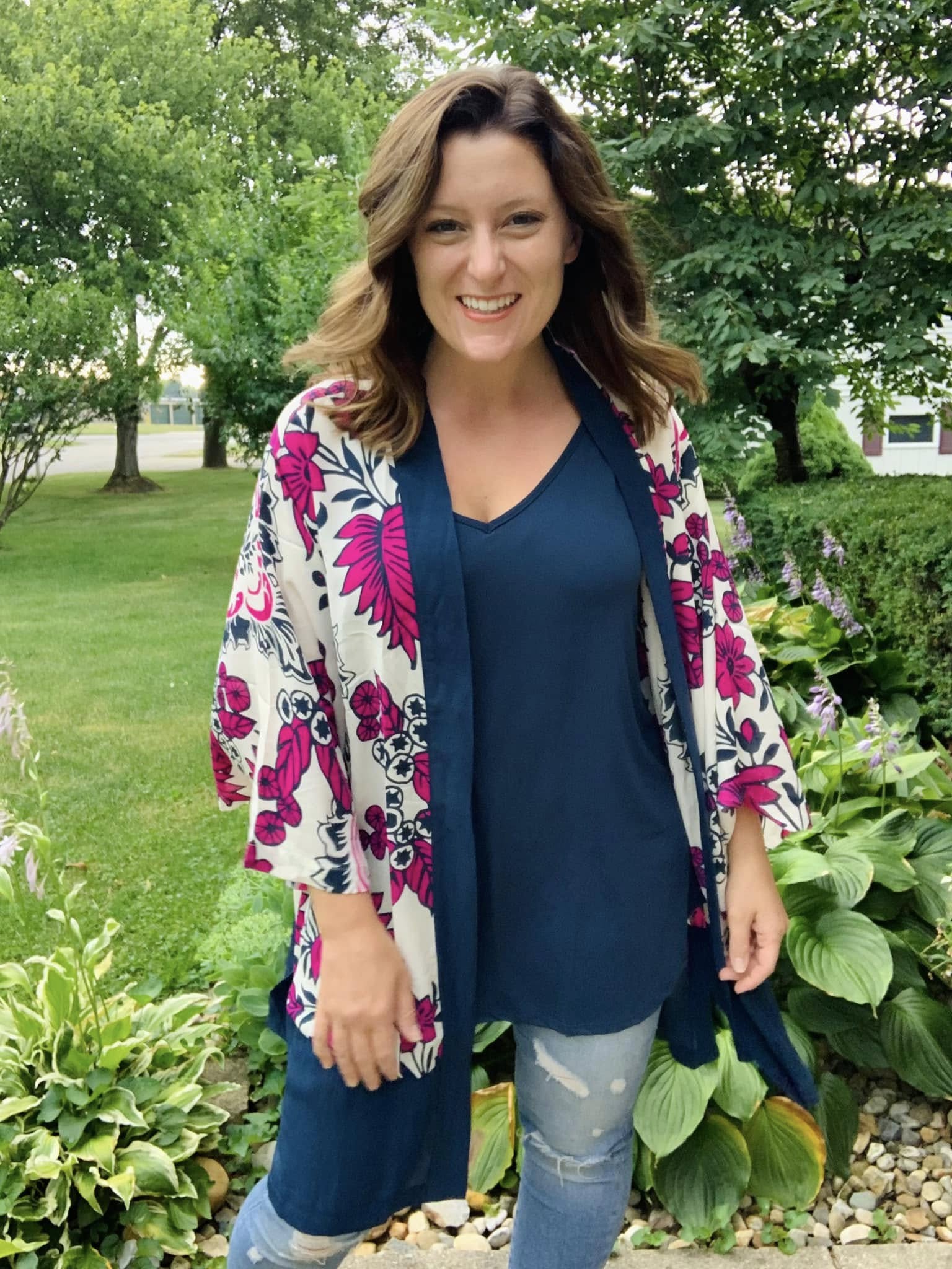 LuLaRoe Aurora bell sleeve kimono in a navy, ivory and magenta botanical floral print
