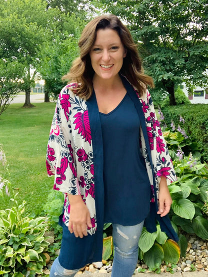 LuLaRoe Aurora bell sleeve kimono in a navy, ivory and magenta botanical floral print