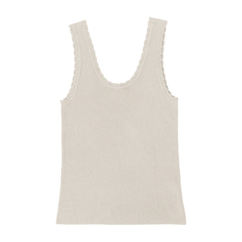 LuLaRoe Maydene Scallop Edge Tank in Solid Egret Ivory with rib knit fabric, fitted silhouette, and scalloped neckline and arm openings. Alternate product image.