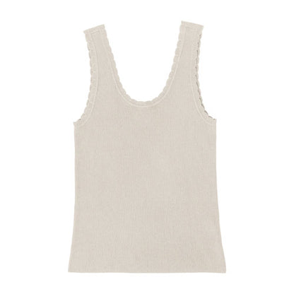 LuLaRoe Maydene Scallop Edge Tank in Solid Egret Ivory with rib knit fabric, fitted silhouette, and scalloped neckline and arm openings. Alternate product image.
