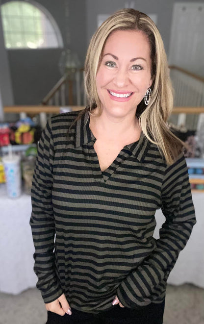 Courtney - Black & Olive Horizontal Stripe