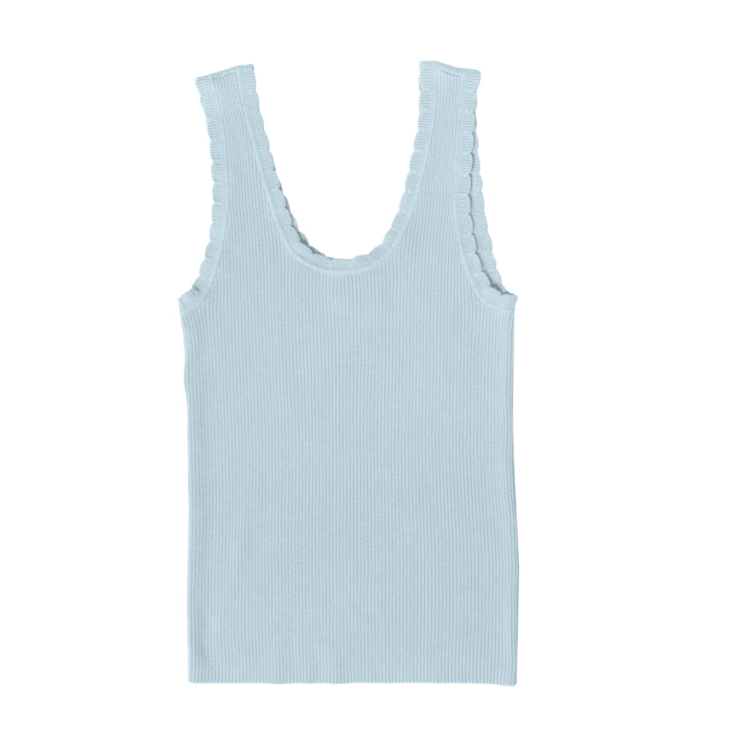 LuLaRoe Maydene Scallop Edge Tank in Solid Powder Blue with rib knit fabric, fitted silhouette, and scalloped neckline and arm openings. Alternate product image.