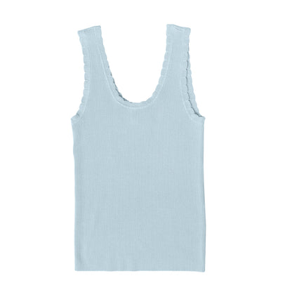 LuLaRoe Maydene Scallop Edge Tank in Solid Powder Blue with rib knit fabric, fitted silhouette, and scalloped neckline and arm openings. Alternate product image.