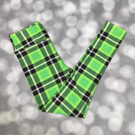 LuLaRoe print leggings in neon green plaid pattern.
