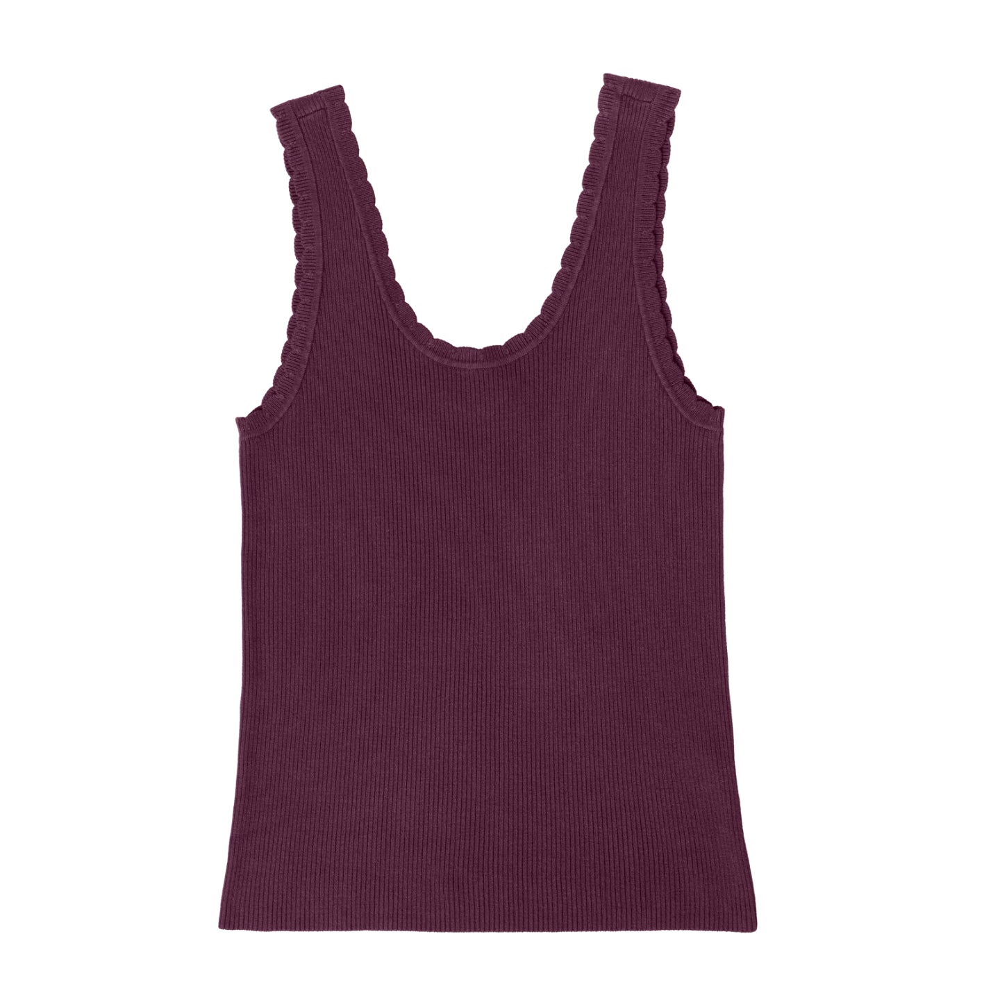 LuLaRoe Maydene Scallop Edge Tank in Solid Rich Plum with rib knit fabric, fitted silhouette, and scalloped neckline and arm openings. Alternate product image.
