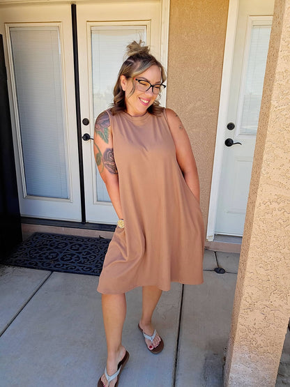 LuLaRoe Charlotte Dress - Solid Warm Caramel Sleeveless A-Line Dress with Pockets
